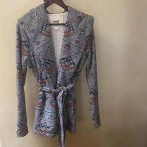 Sz L Obey Propoganda Women's Gray Patterned Open Front Hooded Sweater Jacket